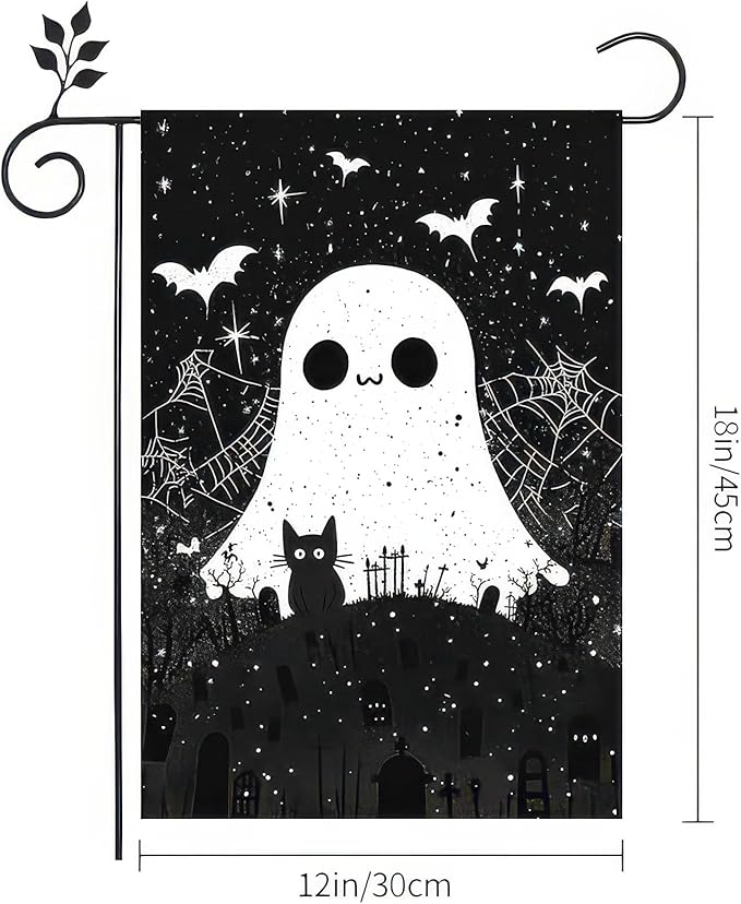 Scary Halloween Garden Flag 12x18 Inch Double Sided Cute Ghost Cat Flags Black White Graveyard Bat Spiderweb Banner Small Yard Flag for Halloween Outdoor Decoration
