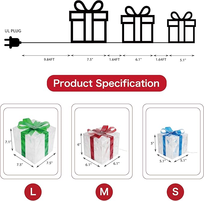 Set of 3 Christmas Lighted Gift Boxes, 60 LED Light Up Present Boxes for Christmas Decorations Indoor Outdoor Yard Xmas Tree Holiday Party Lawn Porch Home Decor (PVC)