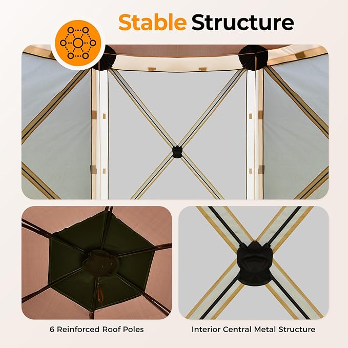 Tecoom 6-Sided Pop Up Gazebo Tent, Screen House with Mosquito Netting Canopy for Camping, 10x10ft Portable Sun Shelter Removable Siedwalls for Outdoor, Garden, Activities, Khaki
