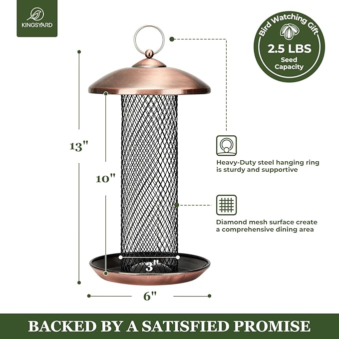 Kingsyard Mesh Tube Bird Feeders for Outdoors Hanging, All Metal, Wild Bird Feeder for Sunflower Seeds or Mealworm, Large Tray & Weatherproof Roof, 2.5 lbs Capacity (Antique Copper)