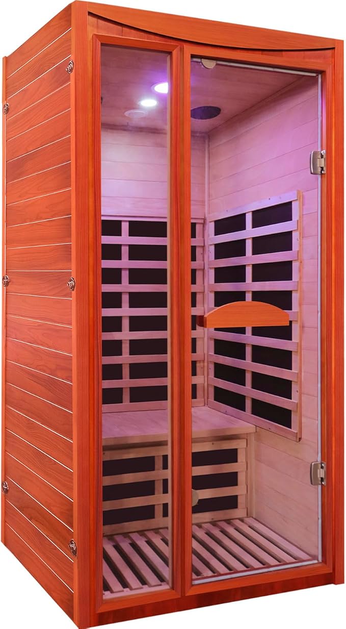 Sauna, Far Infrared Saunas for Home Room 1550W/110V Indoor Sauna for Single Person Okoume Wood Sauna Spacious 1 - 2 Person Low EMF Dry Sauna with Speakers/Air Hole and Color Lighting 39.4*35.4*74.8 IN