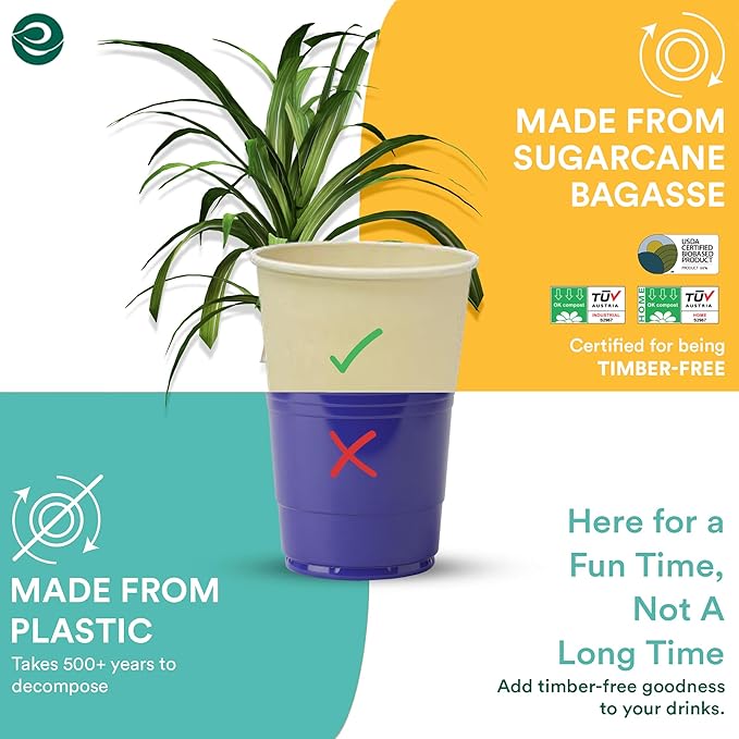 ECO SOUL 100% Compostable Plant-Based Hot Cups | 16oz, 12oz, 8oz | Disposable Bagasse Paper Cups | Eco-friendly Cups | Sturdy, Microwave & Oven Safe (200, 8oz)