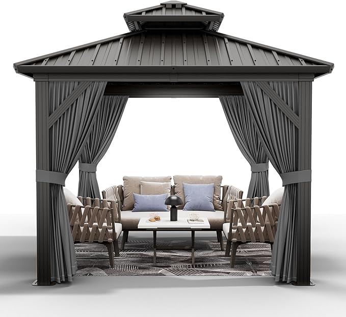10'x10' Hardtop Gazebo, Heavy Duty Aluminum Permanent Hardtop Gazebo Outdoor Pavilion with Curtains and Netting for Garden (Gray, 10'x10')