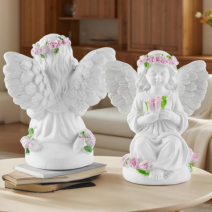 Resin Angel Statues Holding Pink Roses: Indoor & Outdoor Winged Angel Decor, Ideal for Home and Garden, Perfect Blessing Gift for Parents and Friends