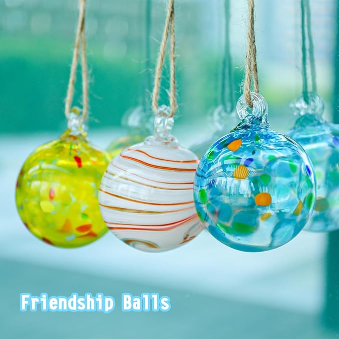VCUTEKA Hanging Garden Gazing Ball, Hand-Blown Glass Witch Ball for Outdoor Garden Décor, 6pcs 3" Colorful Swirl