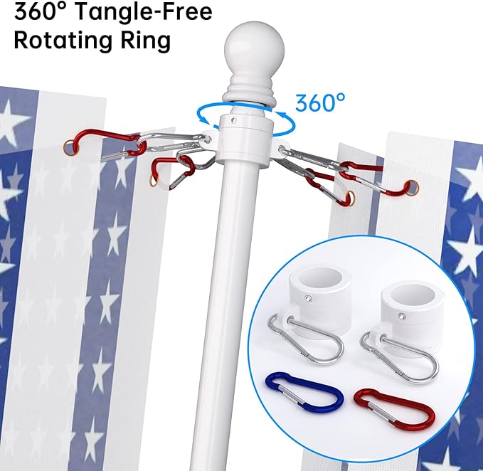 ZMTECH 2 Pcs 6 FT Flag Pole with Solar Light - Adjustable Bracket, Stainless Steel Flag Poles for Outside House, Tangle Free Flag Pole Holder Kit for American Flag (Without Flag, White)