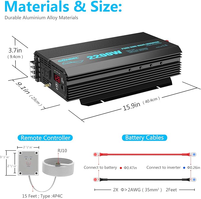 GIANDEL Pure Sine Wave Power Inverter 2200Watt ETL UL458 Listed DC 12V to 120 Vac with 20 Amps Hardwire Blocks & 15FT Wired Remote for RVs Truck Boat Off Grid Solar Emergency【3 YRS Warranty】