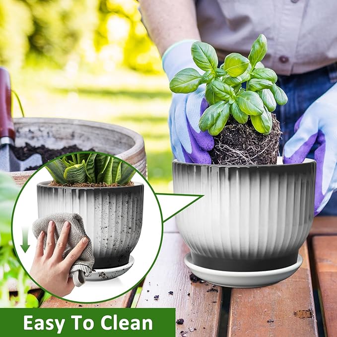 6.7 + 5.5 Inch Plant Pot, Ceramic Planter with Drainage and Saucer, Ceramic Pots for Plants, Indoor Plant pots,Ceramic Flower pots(Black + White, Plants NOT Included)