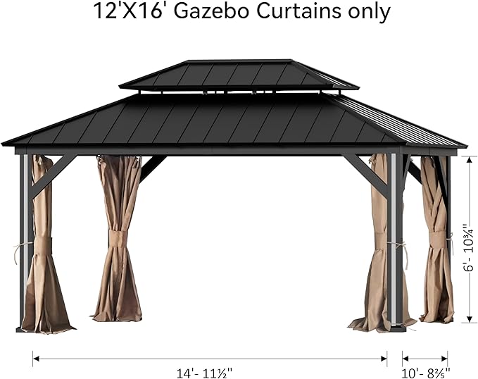 Gazebo Curtain Replacement Universal 4-Panel Sidewalls 12' x 16', Outdoor Gazebo Privacy Curtains with Zipper, Replacement for Outdoor, Patio Canopy, Garden and Backyard (Curtain Only)