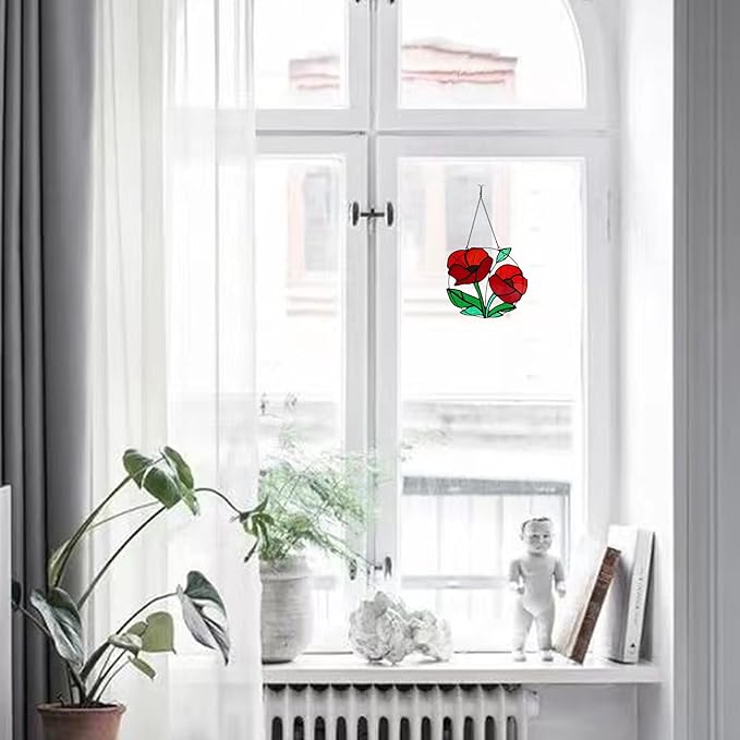 Red Flowers Stained Glass Window Hanging,Artificial Poppy Flower Suncatcher Wall Art Decor,Red Poppy Modern Artwork Hanging Decorations for Bedroom Living Room,Memorial Gift