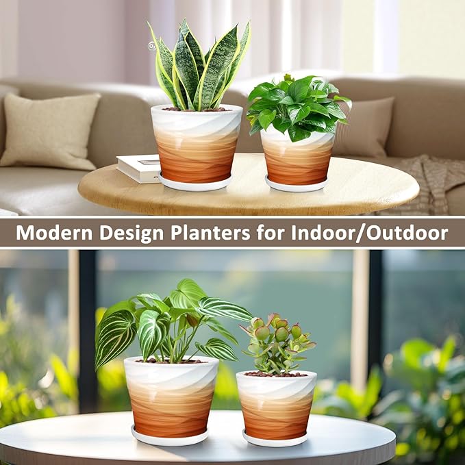 6.7 + 5.5 Inch Plant Pot, Ceramic Planter with Drainage and Saucer,Ceramic Pots for Plants, Indoor Plant pots,planters for Indoor Plants(Khaki + White)