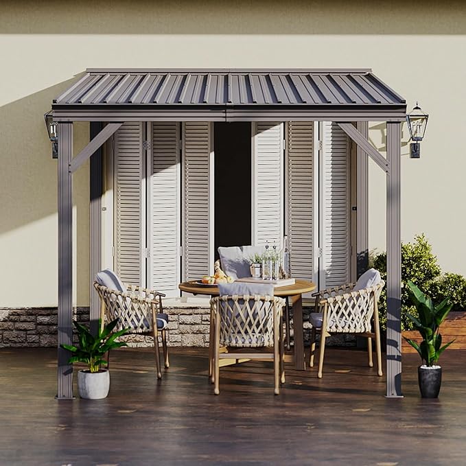 Domi 8’ x 8’ Wall-Mounted Hardtop Gazebo Pergola – Permanent Lean-to Outdoor Shelter with Sloped Galvanized Steel Roof & Upgraded Drainage – Grey Metal Patio Cover for Backyard, Deck, Garden
