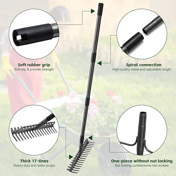 49'' Bow Rake ,17 Tines Metal Head Rake with Stainless Steel Handle,Heavy Duty Garden Rake for Loosening Soil Gathering Leaf Leveling Lawn Farming Land Management Yarn Thatch Rake