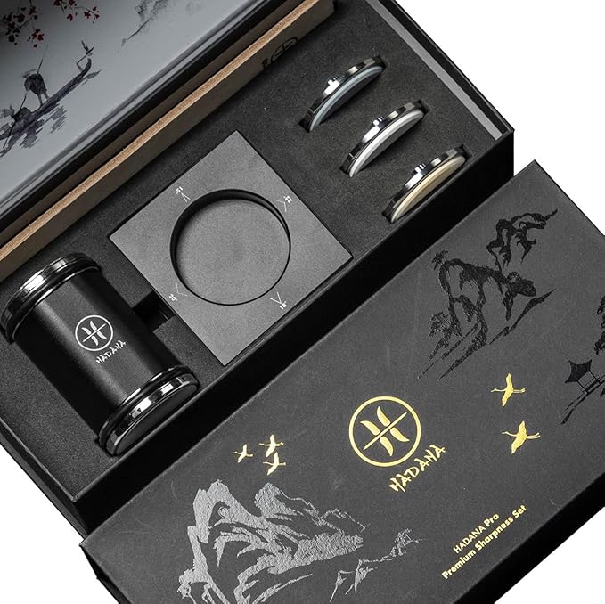 HADANA Rolling Knife Sharpener Set - All-in-One Professional Chef Knife Sharpener Kit with Diamond and Ceramic 5 Whetstone - 4 Angles Sharpener for Kitchen with Magnetic Knife Fixing Stand