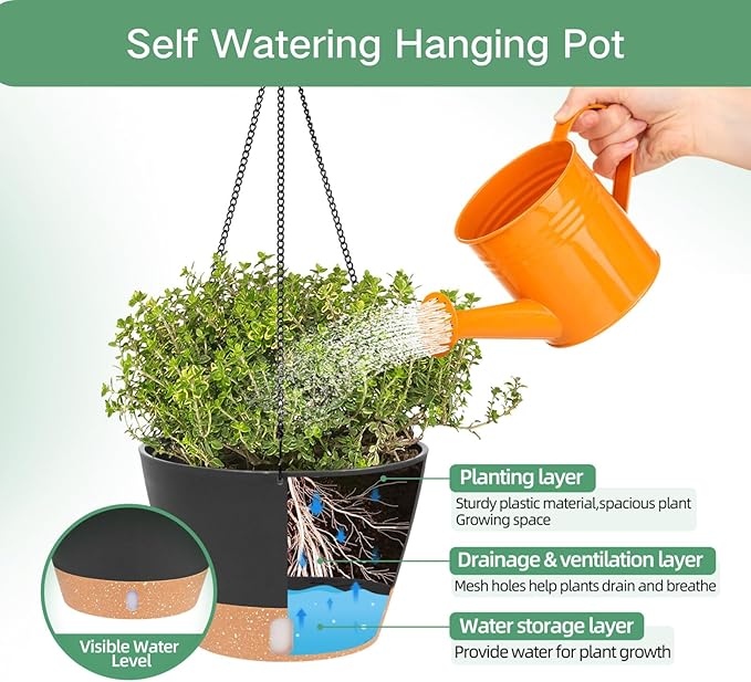 QCQHDU 2 Pack 10 inch Hanging Planters for Indoor Plants, Outdoor Hanging Baskets, Self Watering Pots with Drainage Holes & Removable Tray (Dark Grey, 10 inch)