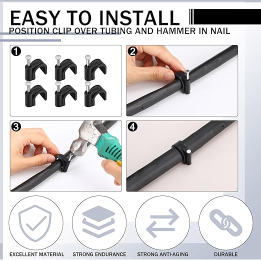 100 Pcs Drip Irrigation 1/2" and 5/8" Tubing Mounting Clips, Firm and Easy to Install, Drip Irrigation Kit Connector, Black