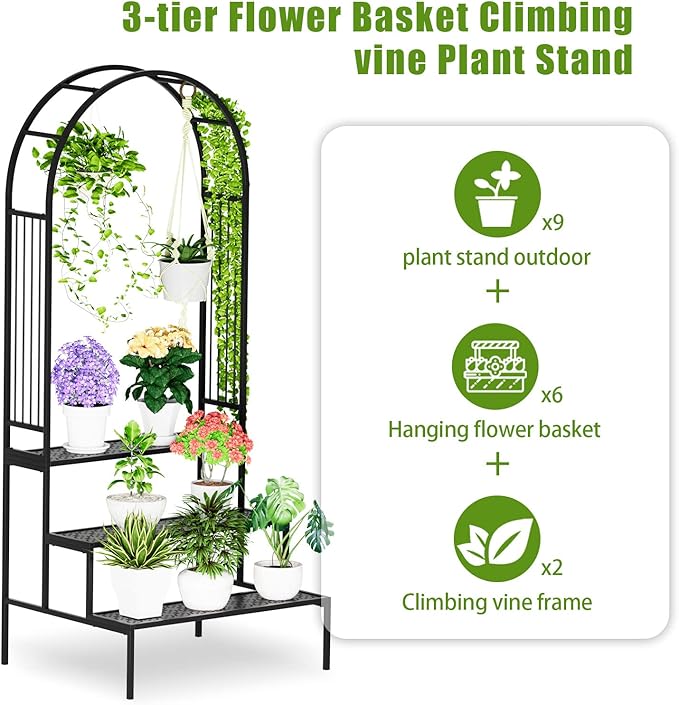 Garden 4 you 3 Tier Metal Plant Stand Garden Arch Arbor Trellis for Outdoor Display Shelf Flower Pot Holder Storage Organizer Rack for Indoor Home,Patio Balcony Yard(Black, Arch)…