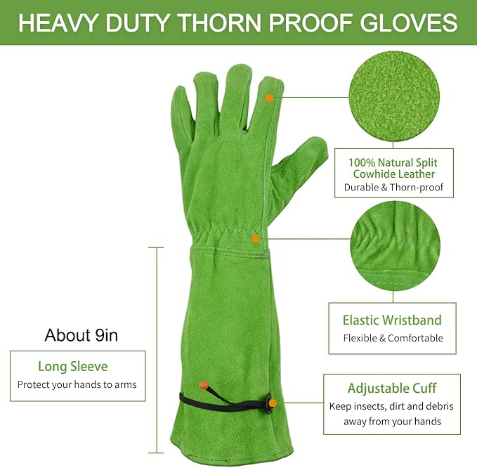 Gardening Gloves for Women, Garden Gloves for Thorn Proof, Professional Rose Pruning Gloves, Long Leather Garden Gloves (Medium, Forest Green)
