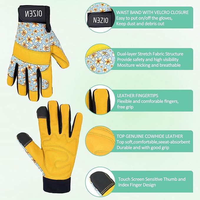 Cowhide Leather Thorn Proof & Puncture Resistant Gardening Gloves for Women and Men, Touchscreen Compatible Working Gloves for Weeding, Digging, Planting, Gardening Gifts for Women (Size Small)