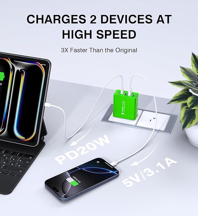 USB C Wall Charger, 50W USB C Charger Block 5-Port PD Fast Charging Blocks,USB A Multiport Plug Brick Cube,Dual Type C Power Adapter for iPhone 16/15/14/13/Pro,iPad,Samsung,for Switch(Green 2-Pack)