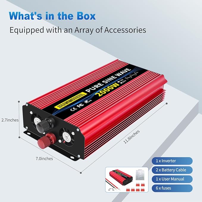 SUNWHEEL 2000W Pure Sine Wave Inverter, 12V DC to 110V/120V AC Power Inverter for RV、Microwave、Off Grid、Truck、Refrigerator、Air Conditioner with 2 AC outlets and LCD Display