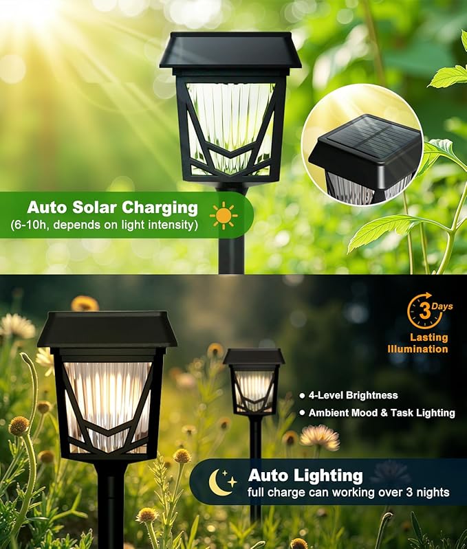 Solar Pathway Lights Outdoor, 6 Pack IP66 Waterproof Garden Solar Lights, 1500mAh Auto On/Off Yard Landscape Walkway Lighting, Black