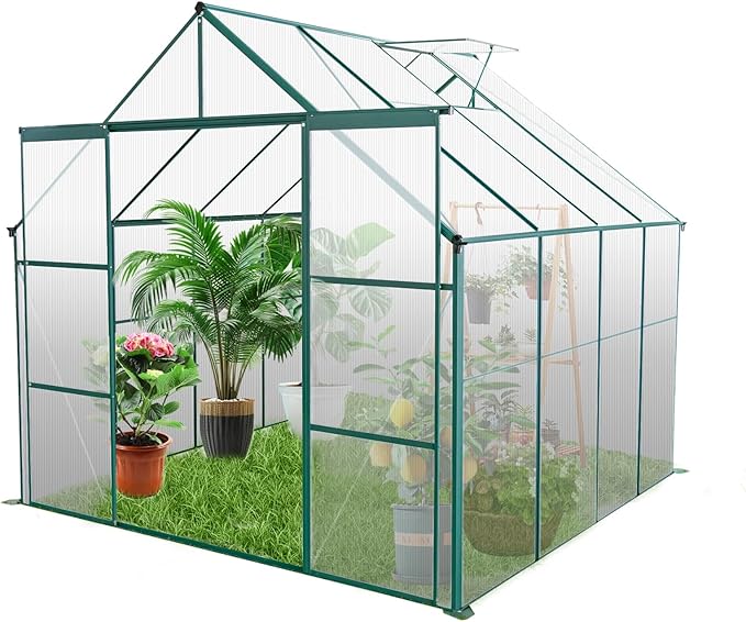 Favfurish 8X8 FT Greenhouses for Outdoors,Polycarbonate Greenhouse, Aluminum Heavy Duty Walk-in Green Houses, Adjustable Roof, Raised Base and Double Sliding Door for Outside Backyard, Green