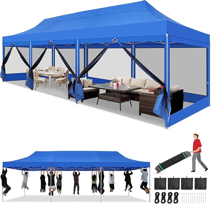 COBIZI 10x30 Heavy Duty Pop Up Canopy with 8 Mosquito Netting Wall, Easy Set Up Commercial Gazebo Party Tent, Outdoor Instant Screen Canopy for Backyard, Patio, Garden, Blue