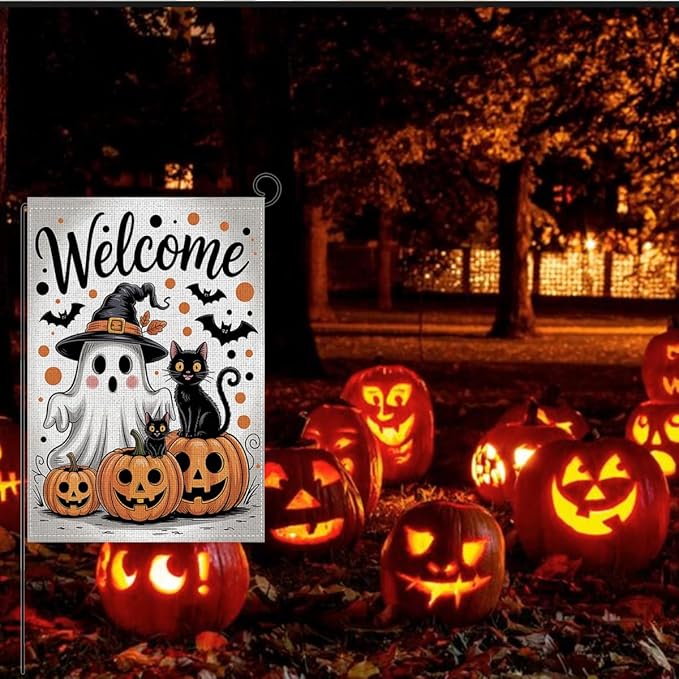 HTBIG Halloween Welcome Garden Flag, Halloween Ghost Pumpkin Black Cat Decor Flag, Yard Flags for Outside 12x18 inch, Outside Yard for Home Decorations