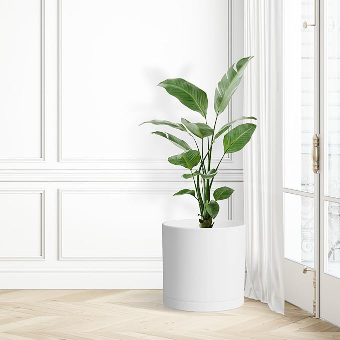 10 Inch Large Plant Pots for Indoor Outdoor Plants, Cylinder Deep Flower Pots with Drainage Holes and Saucer, Big Decorative Plastic Planter Pots for Garden House Plants, White