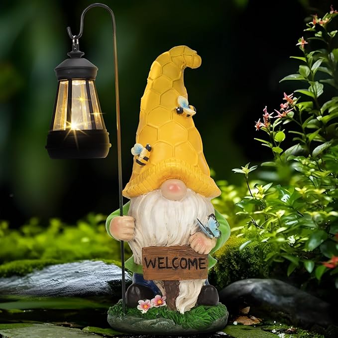 Garden Gnome Statue Solar Statue with LED Lantern, Resin Gnome Figurine Ornament for Patio Yard Lawn Porch Outdoor Decor