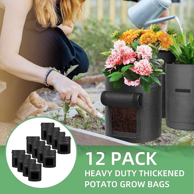 12 Pack 7 Gallon Potato Grow Bags, Heavy Duty Nonwoven Fabric Garden Planting Bag Plant Container with Flap and Handles, Aeration Fabric Pots for Growing Vegetable, Fruits and Flowers