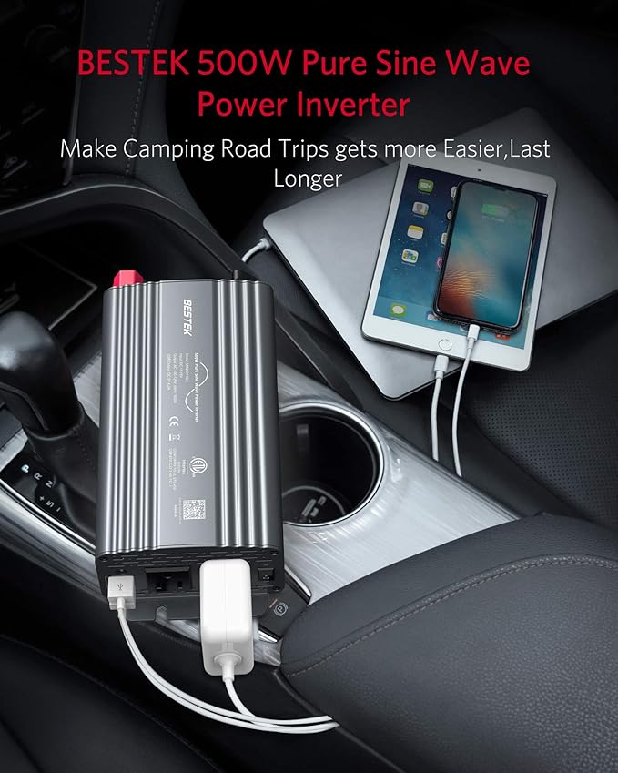 BESTEK 500W Pure Sine Wave Power Inverter DC 12V to 110V AC Car Plug Inverter Adapter Power Converter with 4.2A Dual USB Charging Ports and 2 AC Outlets Car Charger, ETL Listed, Grey