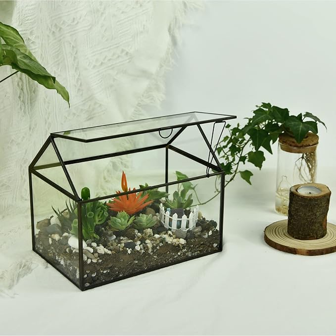 Large Glass Plant Terrarium – House Succulent Glass Terrarium Kit with Lip Glass Greenhouse Terrarium for Plant (Black 1)