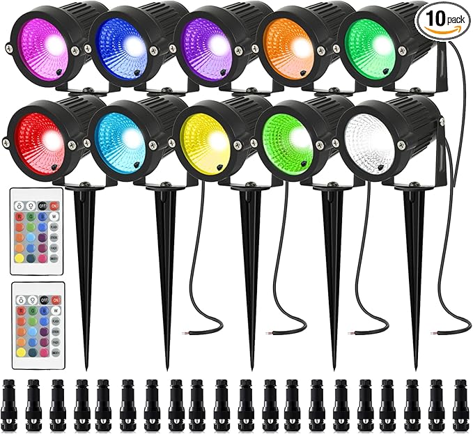 Low Voltage Landscape Lights Color Changing RGB LED Landscape Lighting with Connectors Outdoor Waterproof Spotlight Remote Control for Garden Pathway Christmas Decorative Light(5W DC12V 10P