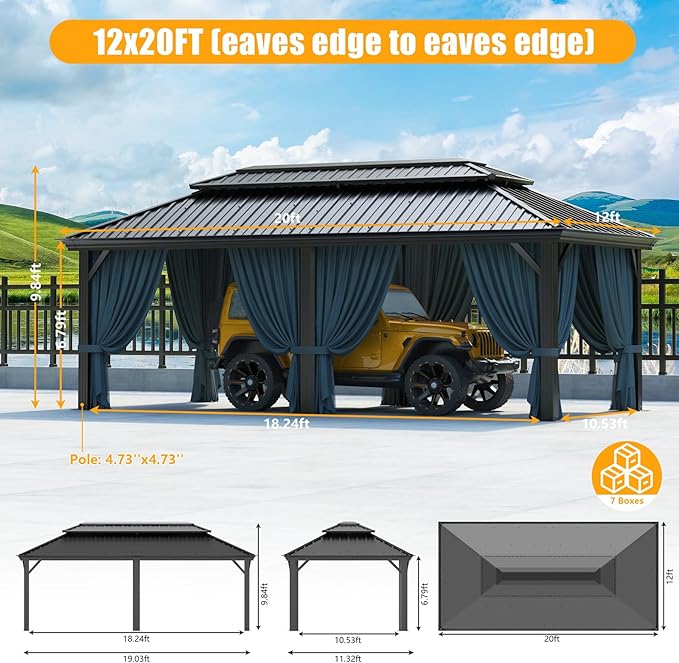 HOTEEL 12x20 Gazebo with Metal Roof Heavy Duty Hardtop Gazebo with Flame-Retardant Curtain & Netting, Hot Tub Gazebos with Galvanized Steel Double Roof, Outdoor Canopy for Patio, Party (2025 Upgraded)