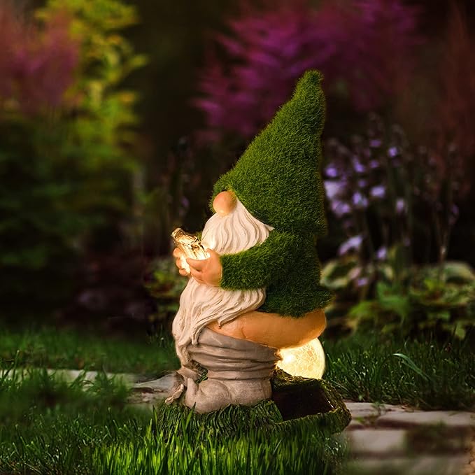 Garden Gnome Statues - Resin Gnome Figurine Sitting on Solar Crackle Glass Globe Lights, Funny Garden Ornament for Patio Yard Lawn Porch Outdoor Decor