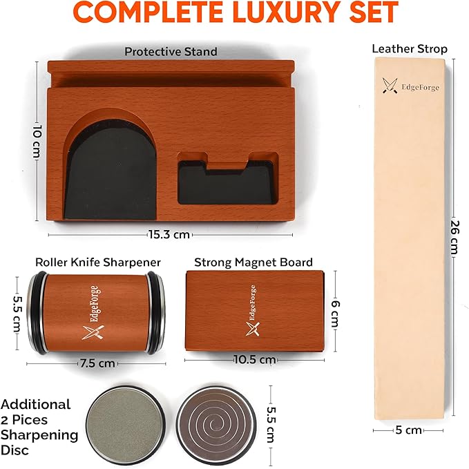 Rolling Knife Sharpener Set with Two Extra Disc, Leather Strop and Stand - Elegant Gift for Chefs & Cooks - Knife Sharpening Kit for Kitchen & Pocket Knives