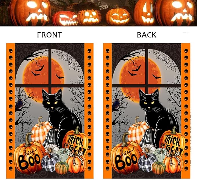 Black Cat Halloween Flag, Pumpkin Trick or Treat Boo Flag, Holiday Yard Flag, Garden Flag 12x18 Double Side