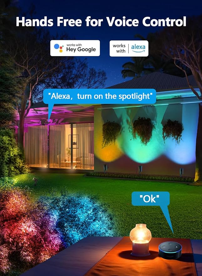 Smart RGBICW Landscape Lighting, IP67 Waterproof Low Voltage Landscape Lights, 24W Color Changing Outdoor Spot Light with APP/Voice Control, Aluminum LED Spotlights Pathway Lights, 4 Pack