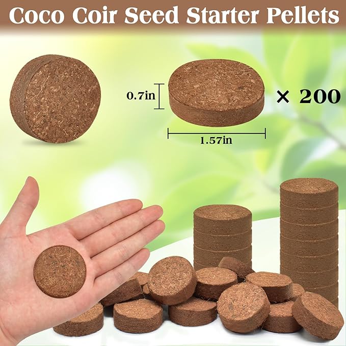 ZeeDix 200pcs(40mm) Coco Coir Pellets Potting Soil Indoor Plants, Compressed Coconut Coir Soil Pellets Seed Starting Pellets Soil Discs for Planting Flowers Bonsai Herbs Plants and Vegetables