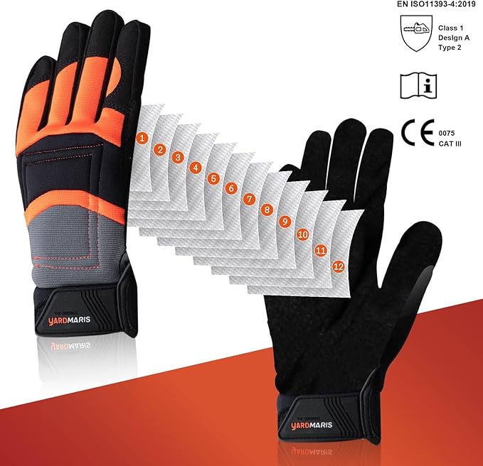 ANTI-CUT Chainsaw Gloves, Touchscreen Chainsaw Work Gloves, 12-Layer Protection on Left Hand Back Only, All Purpose
