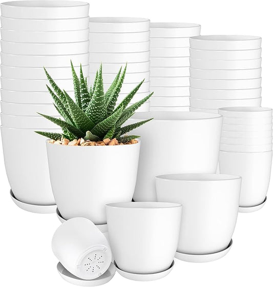 Utopia Home - Plant Pots Indoor with Drainage - 7/6.6/6/5.3/4.8 Inches Home Decor Flower Pots for Indoor Planter - Pack of 60 Plastic Planters for Indoor Plants, Cactus, Succulents Pot - White