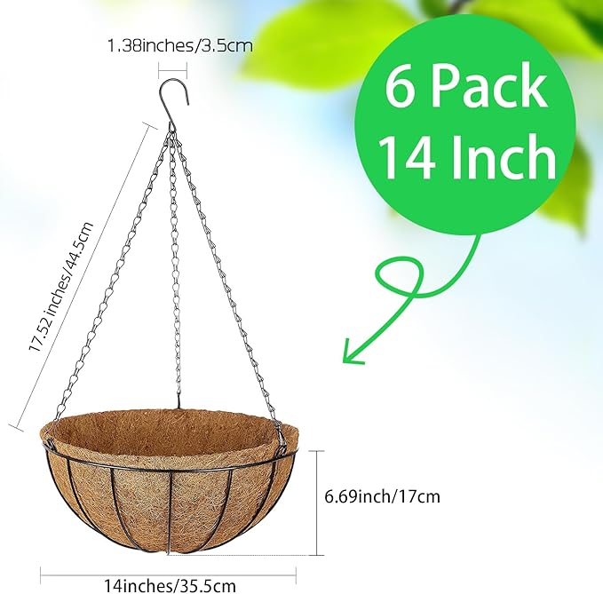 ZeeDix 6 Pack 14 Inch Metal Round Hanging Planter Basket with Coconut Liners Replacement, Hanging planters Baskets with Natural Coco Liner for Outdoor Indoor Planters Flowers Vegetables