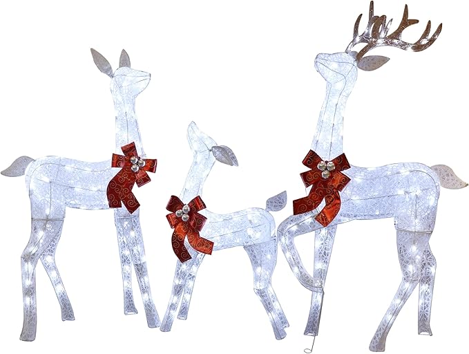 Lulu Home Christmas Yard Decoration, Set of 3 Pre-lit White Reindeer with 265 LEDs White Lights, 3D Light Up Glittered Standing Reindeer Family for Xmas Lighted Holiday Display Indoor Outdoor