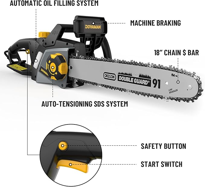 DCS08A Electric Chainsaw, One-Step Tool-Free Tensioning, Oregon Bar & Chain, Low Kickback, Mechanical Brake, Automatic Chain Lubrication, 18-Inch 15-Amp Electric Chainsaw corded with 2 Chains