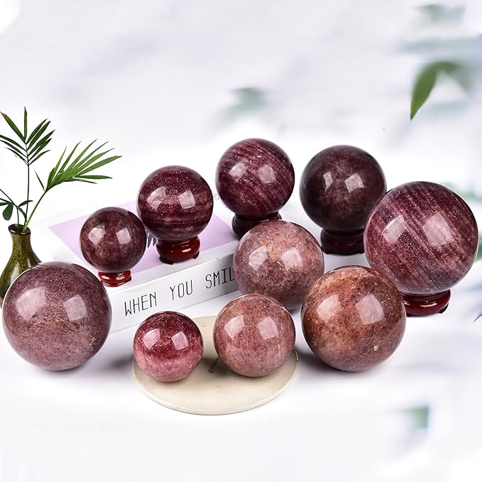 JIC Gem Large Healing Crystal Ball with Decoation Stand Red Strawberry Gemstone Sphere Ball for Meditation 、Energy、Reiki Ball (90-100mm)