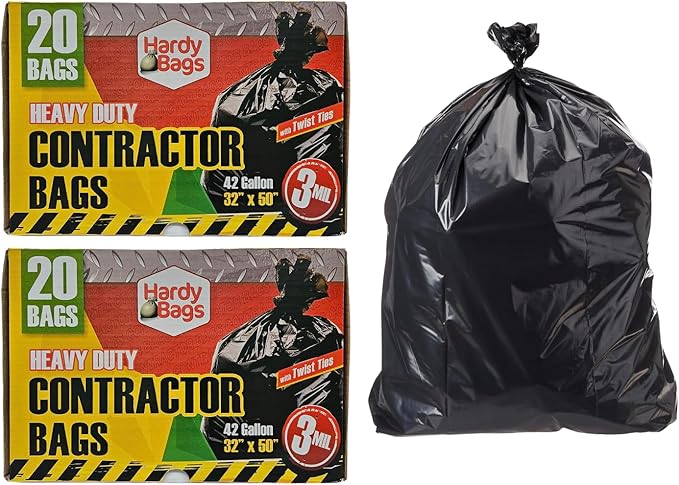 Hardy Bags Contractor Trash Bags โ 42 Gallon Heavy-Duty, 3 Mil Thick, 20 Count Box, Extra Strong Construction, Tear & Puncture Resistant (Contractor, Pack of 2)