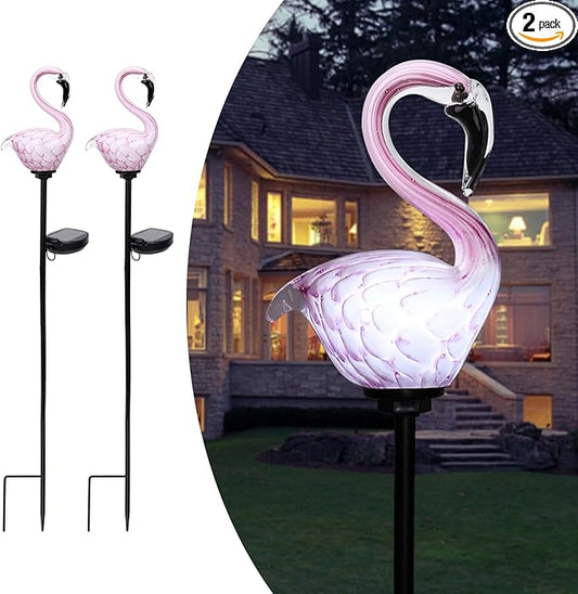 Afirst Solar Outdoor Lights Decorative - Solar Garden Stake Lights Flamingo Handblown Glass Garden Stakes Garden Pathway Lights Outdoor Waterproof Glass Stakes 4" W 2 Pack