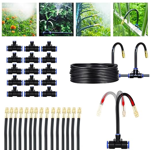Greenhouse Drip Irrigation Kit Automatic Irrigation System 360°Adjustable 15 Brass Spray Nozzles 1/4 inch Irrigation Tubing Hose Patio Misting Plant Watering with 50Ft Blank Distribution Tubing Hose